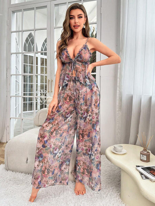 Sexy Thin Transparent Printed Mesh Deep V Plunge Strap Trousers Sexy Lingerie Set