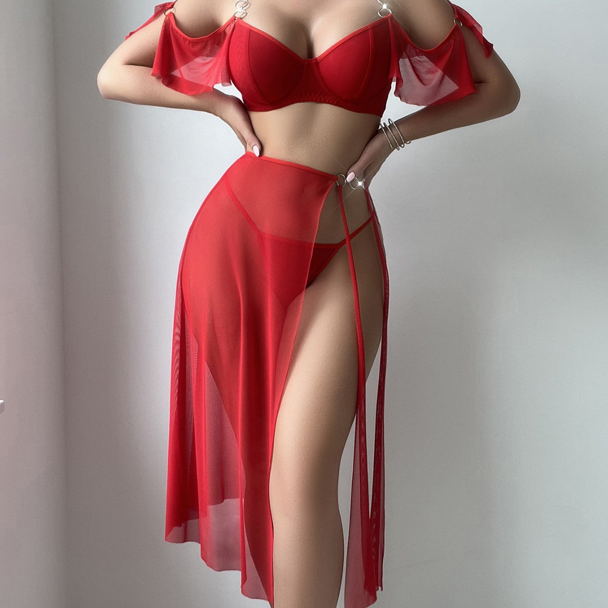 Red Sexy Sheer Mesh Seductive Sexy Lingerie Women Three Piece Sets